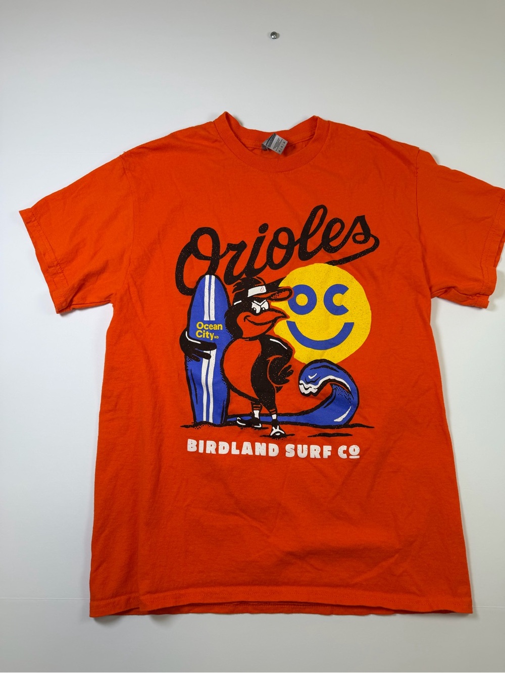 Gildan Orange Orioles Birdland Surf Co. Graphic Tee with Blue & Yellow Accents